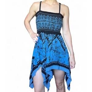 Tie Dye Blue Black Fairy Lace Dress Boho Asymmetrical Hem Cinched Bust XS - S